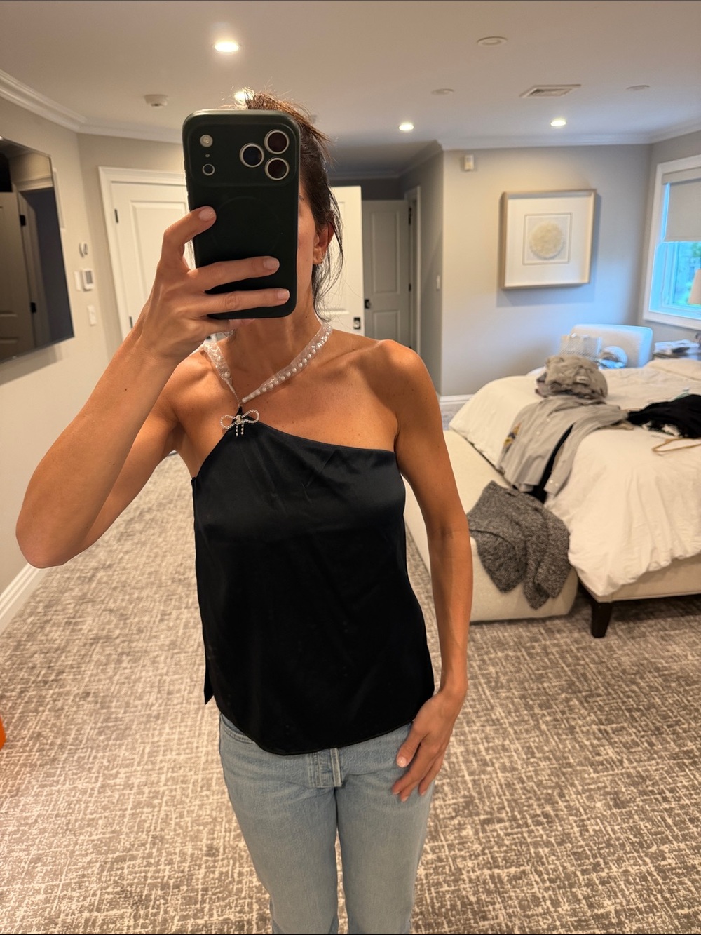 Cami NYC Black One-Shoulder Satin Tank Top with Pearl Strap and Rhinestone Bow